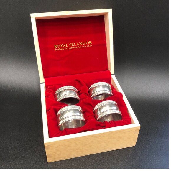 Royal Selangor Pewter Napkin Rings With Wood Storage Box Set of 4 - Picture 1 of 14
